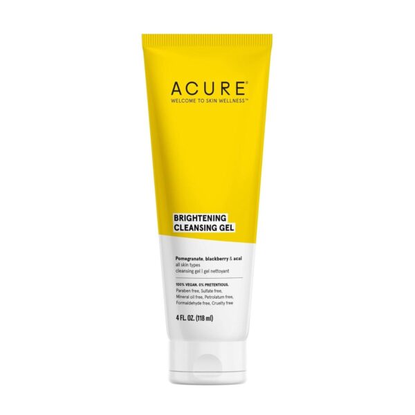Acure Brightening Cleansing Gel - Vegan Cleanser for Radiant Skin - Pomegranate, Blackberry and Acai Infused - Antioxidant-Rich Gentle Formula for All Skin Types - 4 Fl Oz