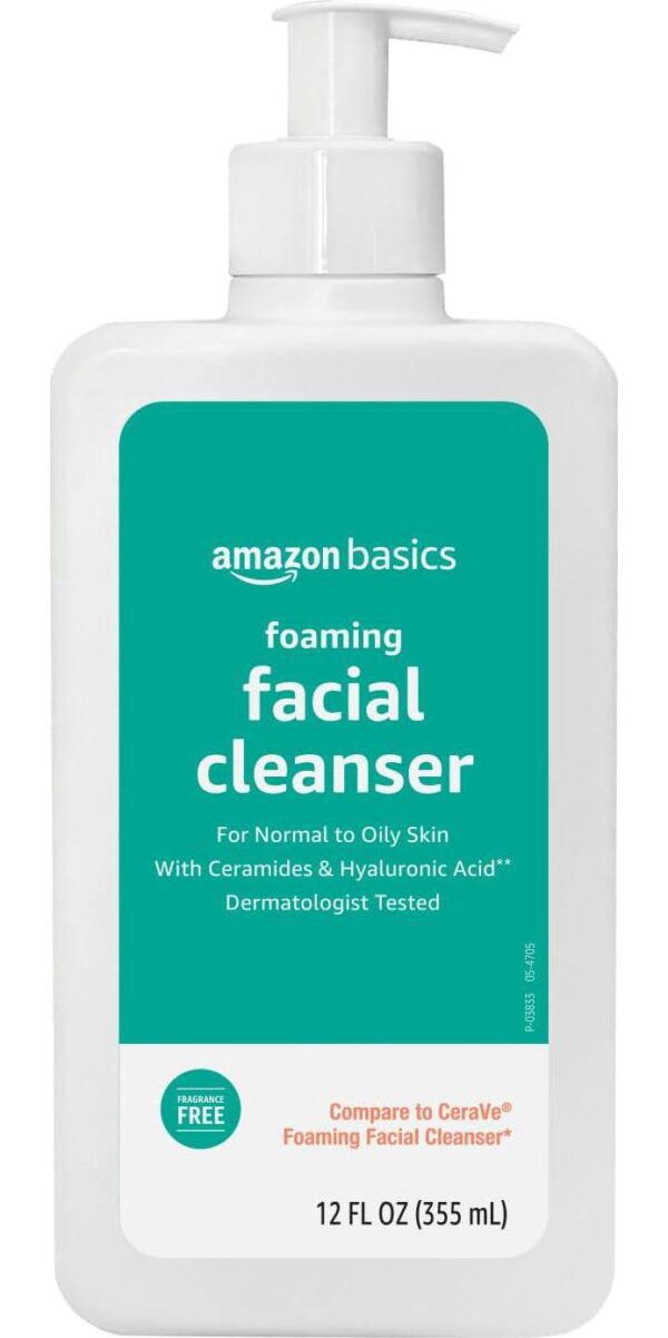 Amazon Basics Foaming Facial Cleanser with Ceramides and Hyaluronic Acid, Fragrance-Free, 12 Fl Oz, Pack of 1