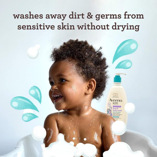 Aveeno Kids Sensitive Skin Face and Body Wash with Oat Extract, Gently Washes Away Dirt and Germs Without Drying, Tear-Free and Suitable for All Skin Tones, Hypoallergenic, 18 fl. Oz - Image 2