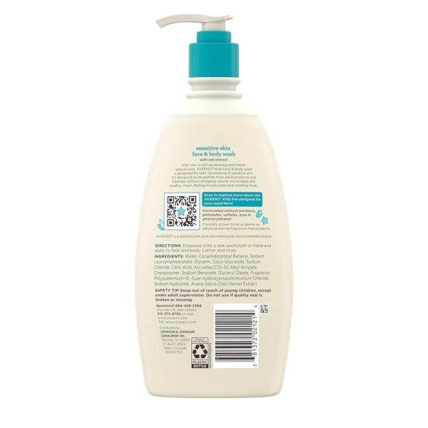 Aveeno Kids Sensitive Skin Face and Body Wash with Oat Extract, Gently Washes Away Dirt and Germs Without Drying, Tear-Free and Suitable for All Skin Tones, Hypoallergenic, 18 fl. Oz - Image 8