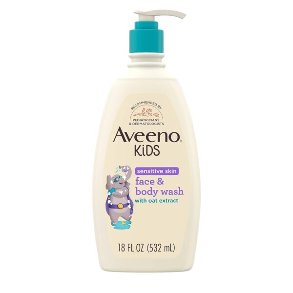 Aveeno Kids Sensitive Skin Face and Body Wash with Oat Extract, Gently Washes Away Dirt and Germs Without Drying, Tear-Free and Suitable for All Skin Tones, Hypoallergenic, 18 fl. Oz