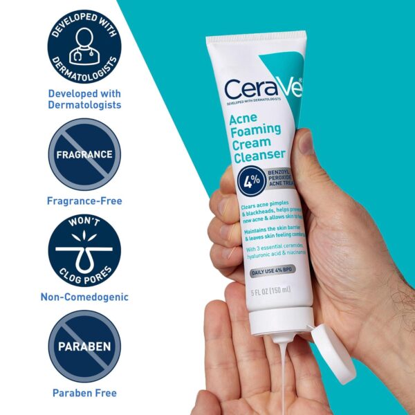 CeraVe Acne Foaming Cream Cleanser | Acne Treatment Face Wash with 4% Benzoyl Peroxide, Hyaluronic Acid, and Niacinamide | Cream to Foam Formula | Fragrance Free and Non Comedogenic | 5 Oz - Image 6