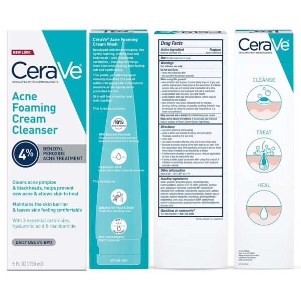 CeraVe Acne Foaming Cream Cleanser | Acne Treatment Face Wash with 4% Benzoyl Peroxide, Hyaluronic Acid, and Niacinamide | Cream to Foam Formula | Fragrance Free and Non Comedogenic | 5 Oz - Image 8