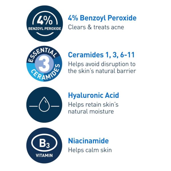 CeraVe Acne Foaming Cream Cleanser | Acne Treatment Face Wash with 4% Benzoyl Peroxide, Hyaluronic Acid, and Niacinamide | Cream to Foam Formula | Fragrance Free and Non Comedogenic | 5 Oz - Image 4
