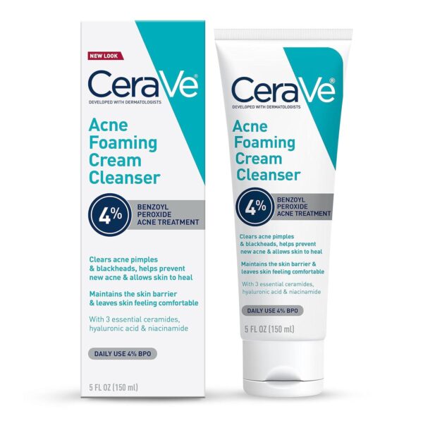 CeraVe Acne Foaming Cream Cleanser | Acne Treatment Face Wash with 4% Benzoyl Peroxide, Hyaluronic Acid, and Niacinamide | Cream to Foam Formula | Fragrance Free and Non Comedogenic | 5 Oz