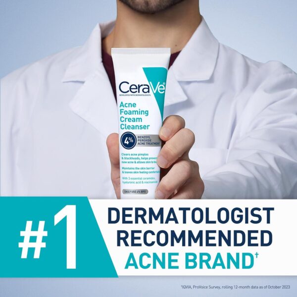 CeraVe Acne Foaming Cream Cleanser | Acne Treatment Face Wash with 4% Benzoyl Peroxide, Hyaluronic Acid, and Niacinamide | Cream to Foam Formula | Fragrance Free and Non Comedogenic | 5 Oz - Image 5