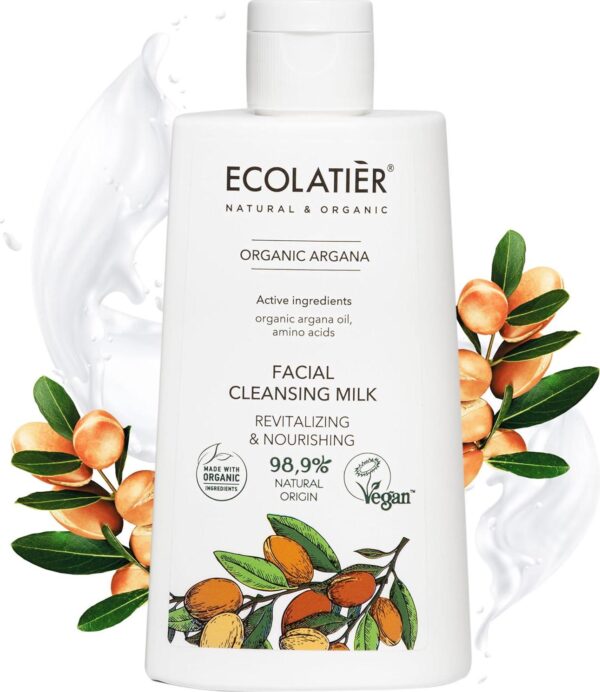 Facial Cleansing Milk Revitalizing and Nourishing Organic Argan Gentle Face Wash and Makeup Remover, Hydrating Facial Cleanser for Women and Men, 98.9% Natural, Vegan 8.5 Fl Oz
