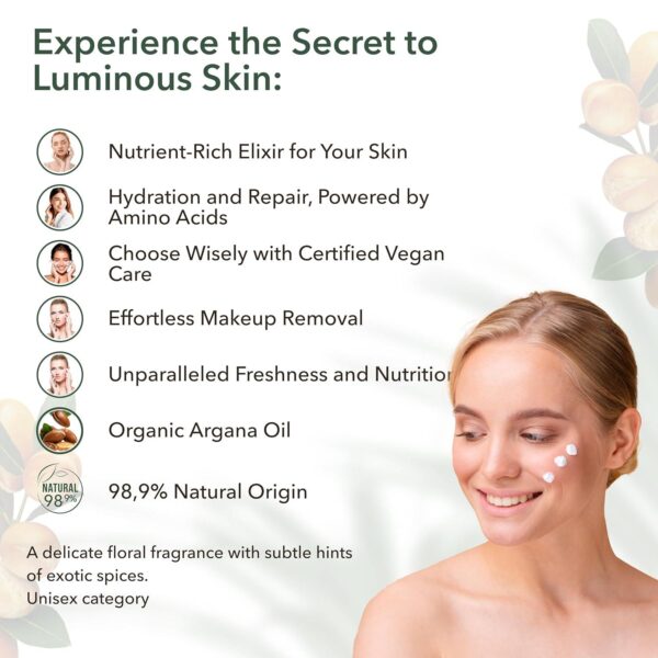 Facial Cleansing Milk Revitalizing and Nourishing Organic Argan Gentle Face Wash and Makeup Remover, Hydrating Facial Cleanser for Women and Men, 98.9% Natural, Vegan 8.5 Fl Oz - Image 4