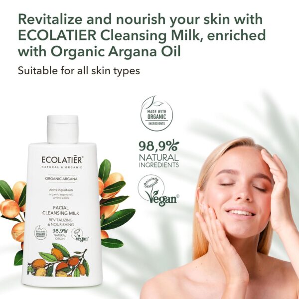 Facial Cleansing Milk Revitalizing and Nourishing Organic Argan Gentle Face Wash and Makeup Remover, Hydrating Facial Cleanser for Women and Men, 98.9% Natural, Vegan 8.5 Fl Oz - Image 2