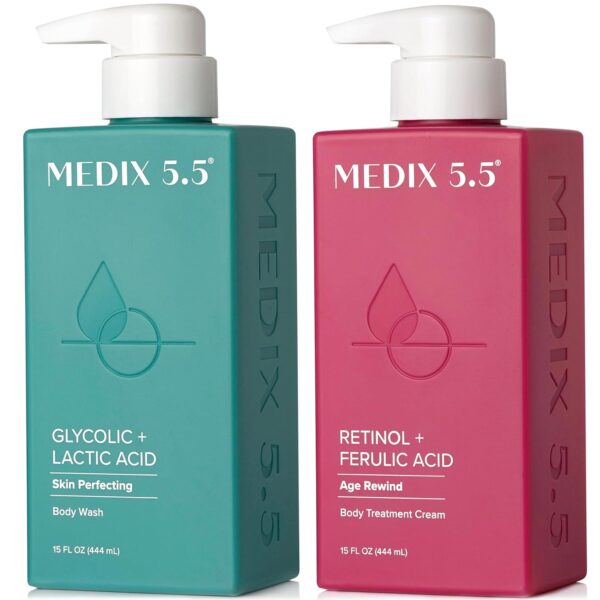 MEDIX 5.5 Exfoliating AHA Glycolic Acid Face and Body Scrub Cleanser + Retinol Moisturizing Body Cream Lotion Skin Care 2PC Set | Alpha Hydroxy Acid and Lactic Acid Foaming Body Wash and Face Wash, 2-PC