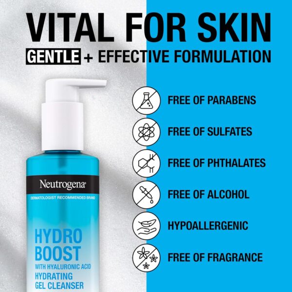 Neutrogena Hydro Boost Fragrance Free Hydrating Gel Facial Cleanser with Hyaluronic Acid, Daily Foaming Face Wash and Makeup Remover, Gentle Face Wash, Non-Comedogenic, 7.8 fl. oz - Image 7