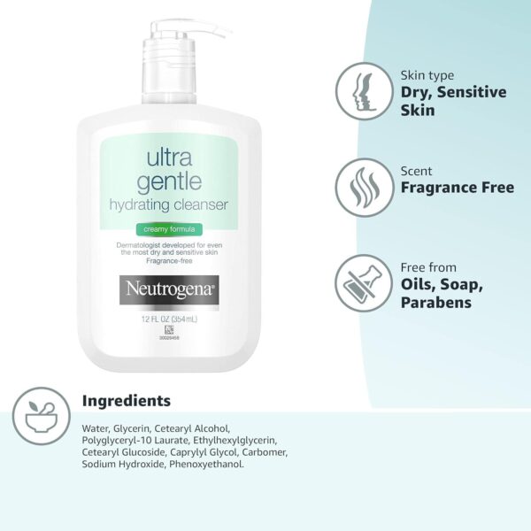 Neutrogena Ultra Gentle Hydrating Facial Cleanser, Non-Foaming Face Wash for Sensitive Skin, Gently Cleanses Face Without Over Drying, Oil-Free, Soap-Free, Fragrance-Free, 12 fl. oz - Image 9
