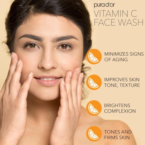 PURA D'OR 8 Oz Vitamin C Face Wash - Antioxidant Rich Brightening Facial Cleanser For Radiant Glow and Even Skin Tone - Gentle, Refreshing, Nurturing, Hydrating - Sulfate and Paraben Free - All Skin Types - Image 2