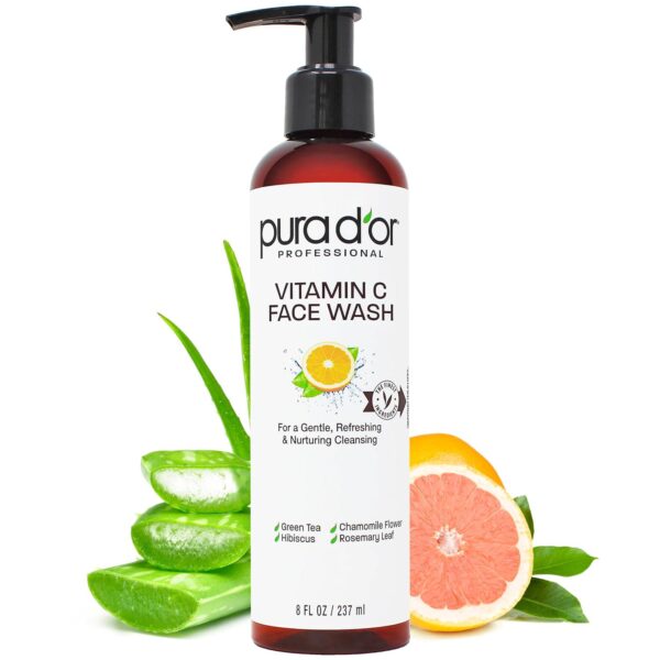 PURA D'OR 8 Oz Vitamin C Face Wash - Antioxidant Rich Brightening Facial Cleanser For Radiant Glow and Even Skin Tone - Gentle, Refreshing, Nurturing, Hydrating - Sulfate and Paraben Free - All Skin Types