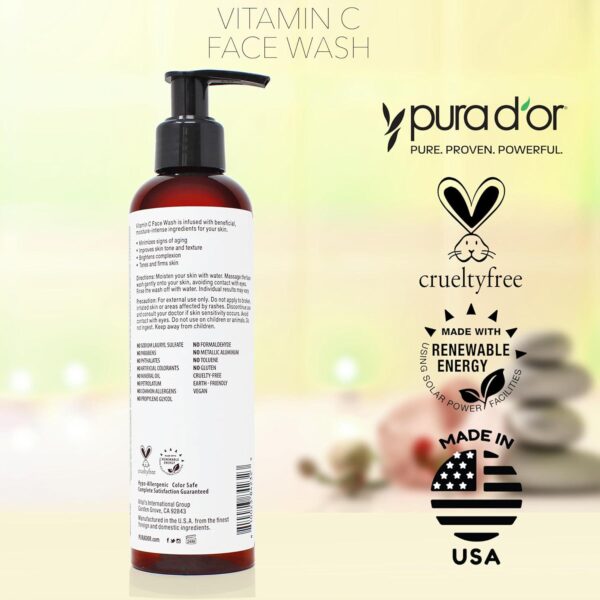 PURA D'OR 8 Oz Vitamin C Face Wash - Antioxidant Rich Brightening Facial Cleanser For Radiant Glow and Even Skin Tone - Gentle, Refreshing, Nurturing, Hydrating - Sulfate and Paraben Free - All Skin Types - Image 6