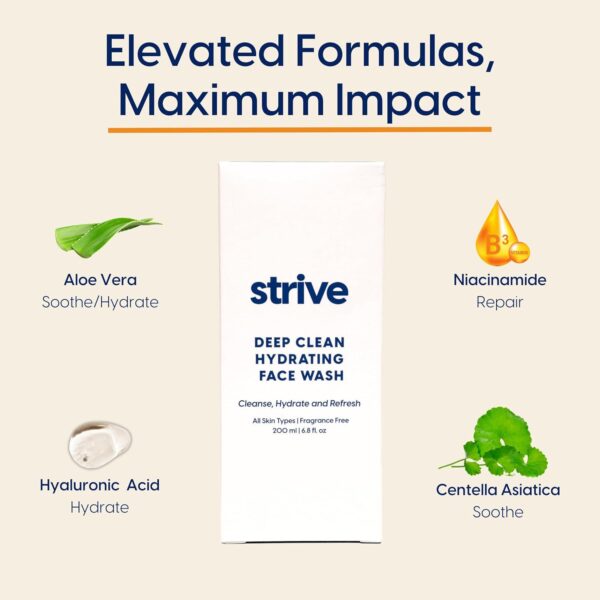 Strive - Deep Hydrating Mens Face Wash - Facial Cleanser, Mens Skin Care, Fragrance Free, Clear Skin, Refreshing with Aloe Vera, Hyaluronic Acid and Niacinamide - For All Skin Types - 200mL - Image 4