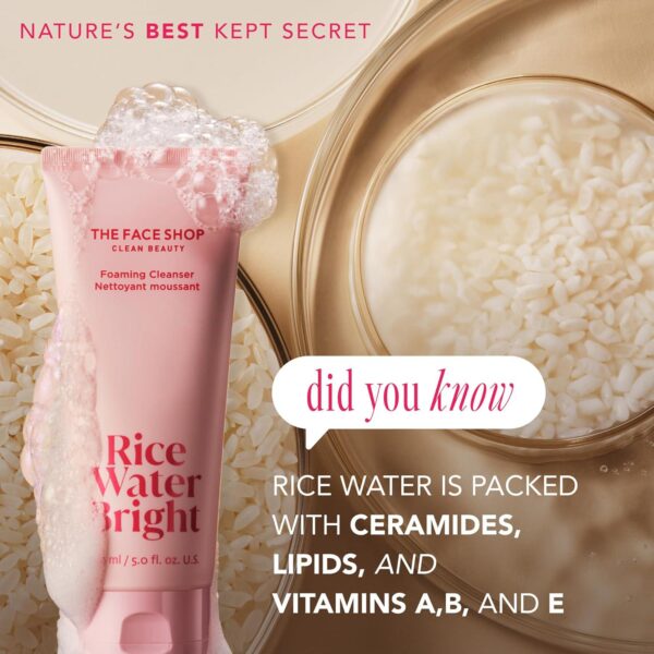The Face Shop Rice Water Bright Foaming Facial Cleanser with Ceramide, Gentle Face Wash for Hydrating and Moisturizing, Vegan Face Cleanser, Makeup Remover - Image 6