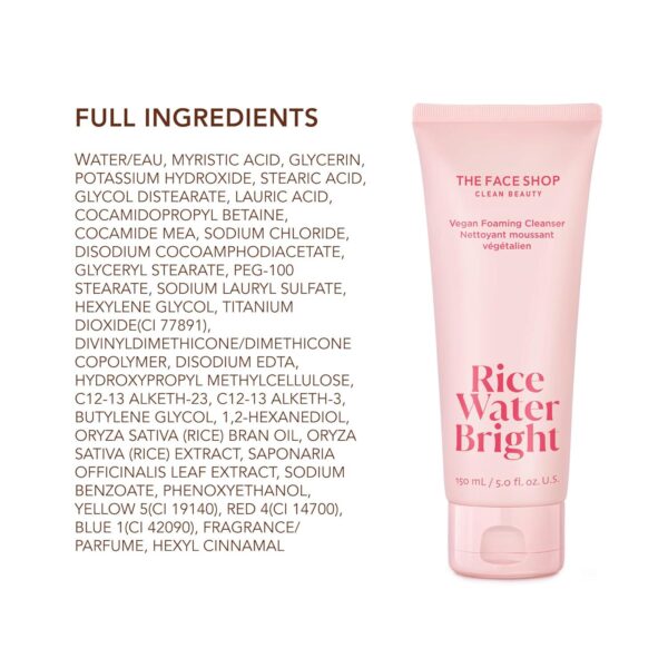 The Face Shop Rice Water Bright Foaming Facial Cleanser with Ceramide, Gentle Face Wash for Hydrating and Moisturizing, Vegan Face Cleanser, Makeup Remover - Image 2