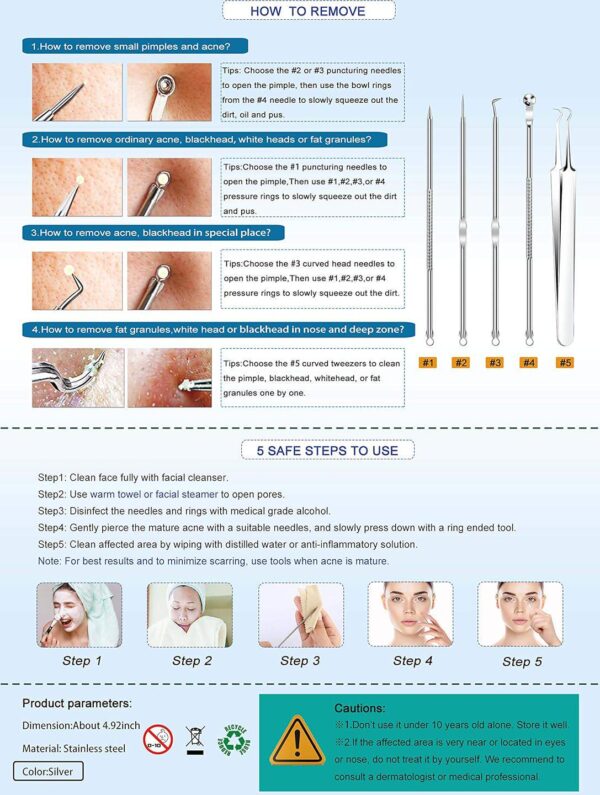 5PCS Blackhead Remover Comedone Extractor, Curved Blackhead Tweezers Kit, Professional Stainless Pimple Acne Blemish Removal Tools Kit - Image 8