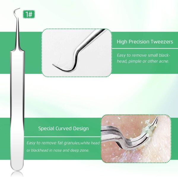 5PCS Blackhead Remover Comedone Extractor, Curved Blackhead Tweezers Kit, Professional Stainless Pimple Acne Blemish Removal Tools Kit - Image 3