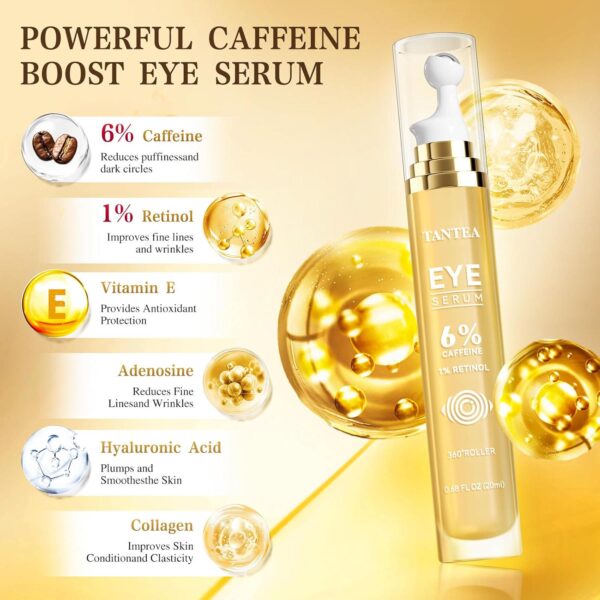 6% Caffeine Eye Cream for Dark Circles, Daily 1% Retinol Caffeine Eye Serum for Puffy Eyes and Under Eye Bags, Eye Skin Care Suitable for Men and Women's - Image 3