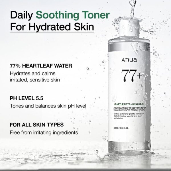 Anua Heartleaf 77 Soothing Toner I pH 5.5 Trouble Care, Calming Skin, Refreshing, Hydrating, Purifying, Cruelty Free, Vegan,(250ml / 8.45 fl.oz.) - Image 3