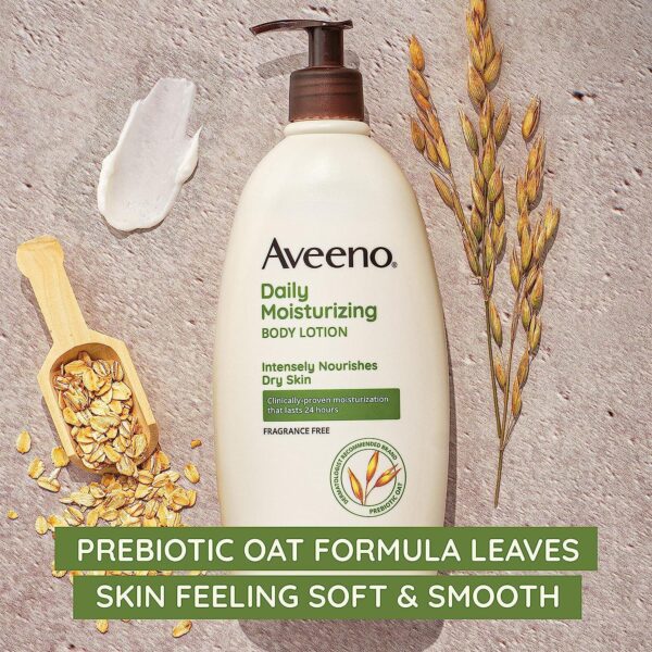 Aveeno Daily Moisturizer, Body Lotion, For Dry Skin, Prebiotic Oat Fragrance Free, 18 fl. oz, Pack of 1 - Image 4