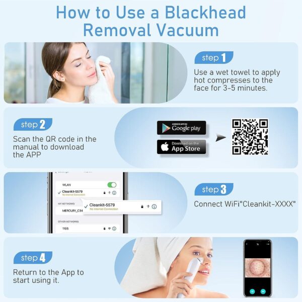 Blackhead Remover Vacuum, USB Interface Type Pore Vacuum, Black Head Extractions Tool with Camerafor, Men and Women Pore Cleaner, 3 Adjustment Modes and 6 Suction Heads(Light Pink) - Image 6