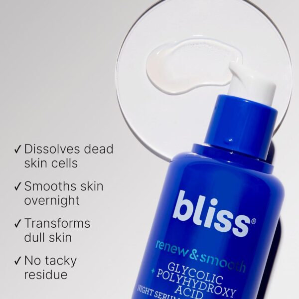 Bliss Renew and Smooth Glycolic Acid Night Skincare Face Serum | AHA Resurfacing Treatment for Smoother, Brighter Skin | Gentle Exfoliating Blend with Polyhydroxy Acids | Vegan and Cruelty-Free | 1 Fl Oz - Image 2