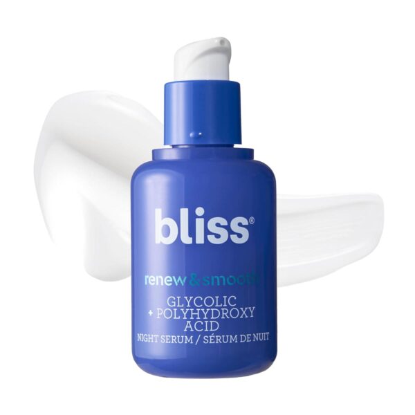 Bliss Renew and Smooth Glycolic Acid Night Skincare Face Serum | AHA Resurfacing Treatment for Smoother, Brighter Skin | Gentle Exfoliating Blend with Polyhydroxy Acids | Vegan and Cruelty-Free | 1 Fl Oz