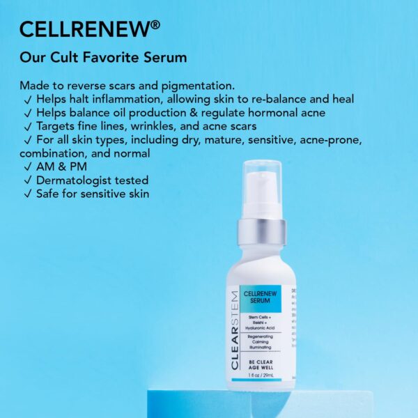 CLEARSTEM - CELLRENEW - Collagen Stem Cell Serum - Acne + Youthful Skin Face Serum - Hyaluronic Acid, Reishi, Aloe Vera - Facial Skin Care Products - Vegan, Gluten Free, Cruelty Free - 1 fl oz / 29ml - Image 6