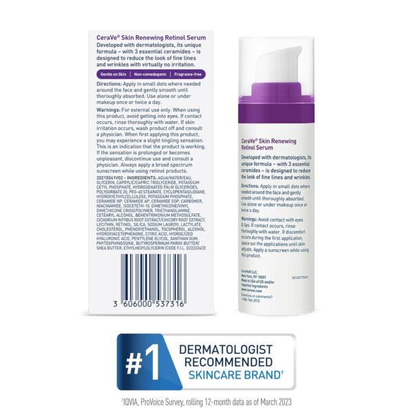 CeraVe Anti Aging Retinol Serum For Face, Encapsulated Retinol With Hyaluronic Acid, Niacinamide and Ceramides, Smooths Wrinkles and Fine Lines, Gentle Skin Brightening Serum, Fragrance Free, 1 Oz - Image 10
