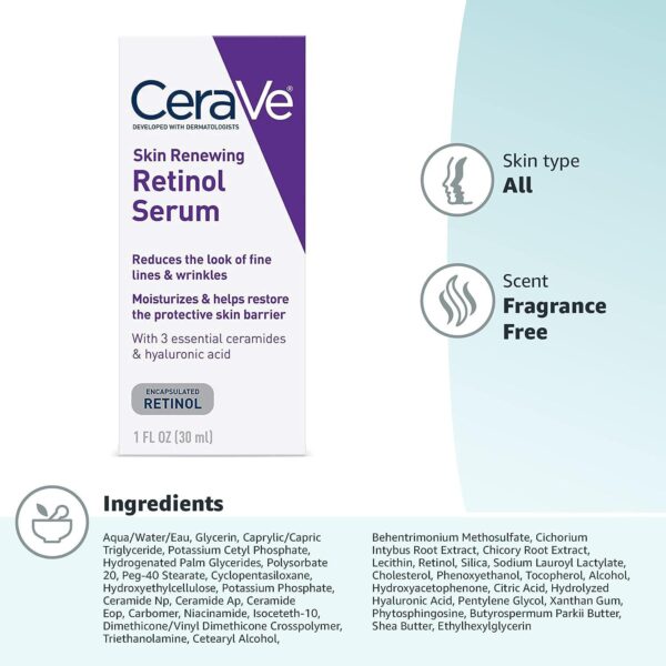 CeraVe Anti Aging Retinol Serum For Face, Encapsulated Retinol With Hyaluronic Acid, Niacinamide and Ceramides, Smooths Wrinkles and Fine Lines, Gentle Skin Brightening Serum, Fragrance Free, 1 Oz - Image 14