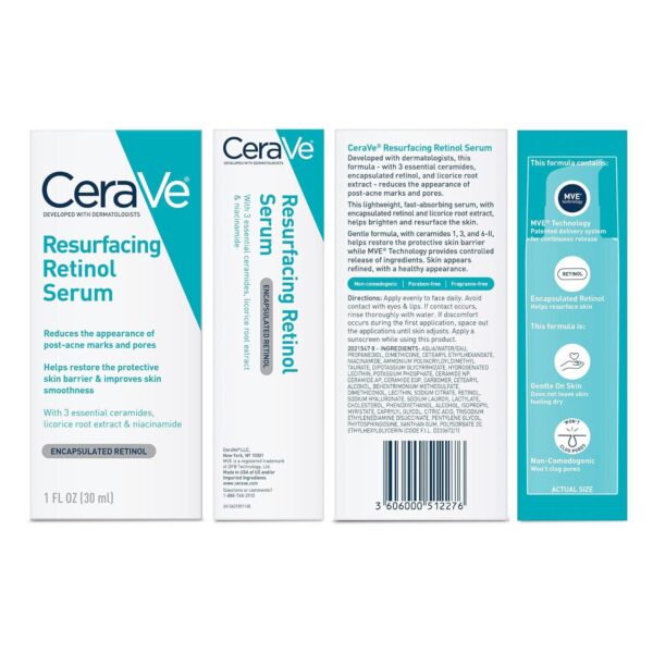 CeraVe Resurfacing Retinol Serum For Post Acne Marks, Formulated With Licorice Root Extract and Niacinamide, Brightening Serum and Pore Minimizer For Face, Post Acne Skin Barrier Repair, Non-Comedogenic - Image 8