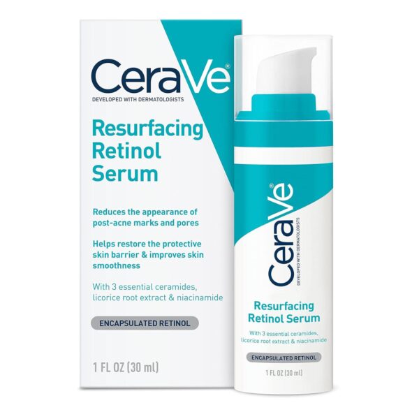 CeraVe Resurfacing Retinol Serum For Post Acne Marks, Formulated With Licorice Root Extract and Niacinamide, Brightening Serum and Pore Minimizer For Face, Post Acne Skin Barrier Repair, Non-Comedogenic