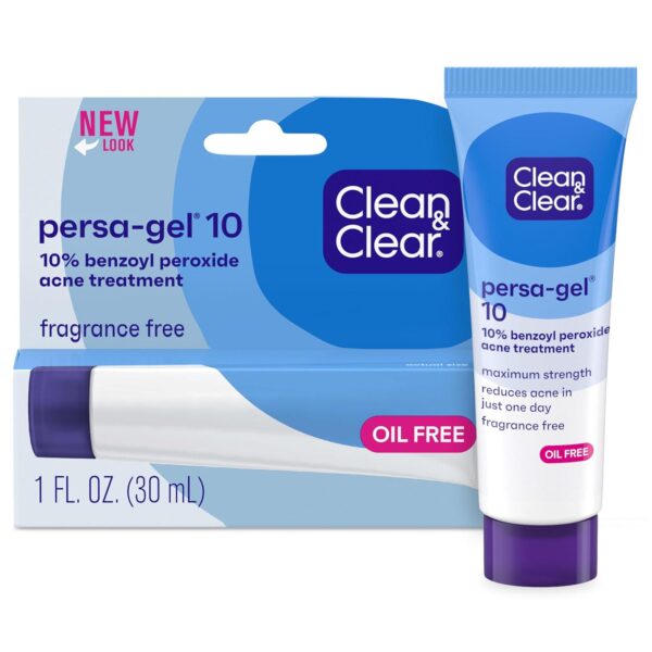 Clean and Clear Persa-Gel 10 Oil-Free Acne Spot Treatment with Maximum Strength 10% Benzoyl Peroxide, Topical Pimple Cream and Acne Gel Medication for Face Acne, Fragrance-Free, 1 fl. oz, 4 Pack