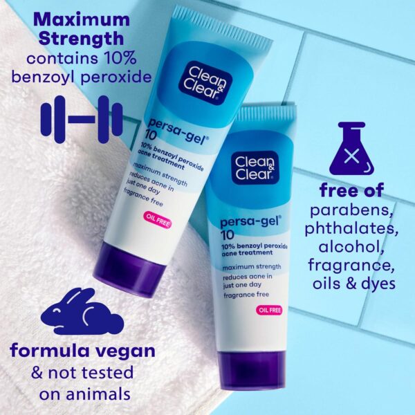 Clean and Clear Persa-Gel 10 Oil-Free Acne Spot Treatment with Maximum Strength 10% Benzoyl Peroxide, Topical Pimple Cream and Acne Gel Medication for Face Acne, Fragrance-Free, 1 fl. oz, 4 Pack - Image 6