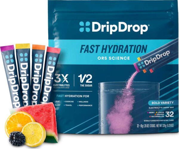DripDrop Hydration - Bold Variety Pack - Watermelon, Berry, Lemon, Orange | Electrolyte Powder Drink Mix | Hydration Packets | Non-GMO, Gluten Free, Vegan | 1 Pack (32 Servings)