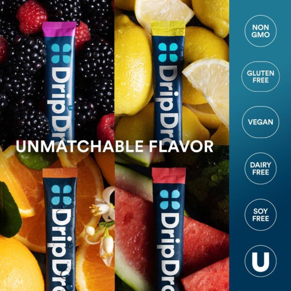 DripDrop Hydration - Bold Variety Pack - Watermelon, Berry, Lemon, Orange | Electrolyte Powder Drink Mix | Hydration Packets | Non-GMO, Gluten Free, Vegan | 1 Pack (32 Servings) - Image 8