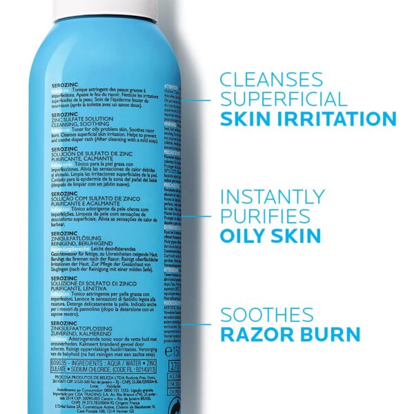 La Roche-Posay Serozinc Face Toner for Oily Skin with Zinc, Mattifying Face Spray and Acne/Prone Skin Toner to Reduce Shine for Oil Control, Alcohol Free Face Mist , 5 Fl Oz (Pack of 1) - Image 3