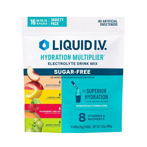 Liquid I.V. Hydration Multiplier Sugar-Free - Raspberry Melon, Lemon Lime, White Peach, Green Grape | Electrolyte Powder Drink Mix | 1 Pack (16 Servings)