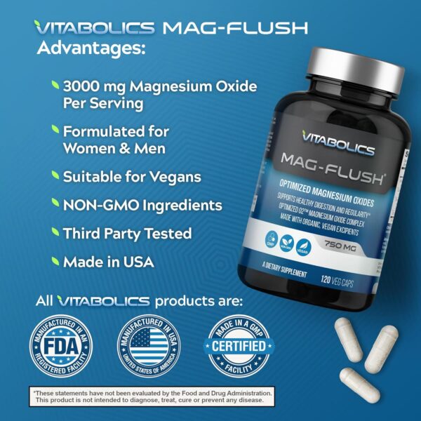 Mag Flush Magnesium Oxide Capsules 750mg 120 Vcaps - Oxygenated Magnesium Oxide Supplement for Constipation Relief, Colon Cleanse, Laxative and Digestion Support for Women and Men - Image 6
