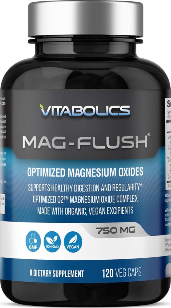 Mag Flush Magnesium Oxide Capsules 750mg 120 Vcaps - Oxygenated Magnesium Oxide Supplement for Constipation Relief, Colon Cleanse, Laxative and Digestion Support for Women and Men