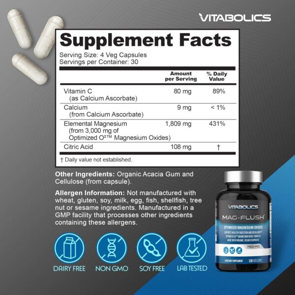 Mag Flush Magnesium Oxide Capsules 750mg 120 Vcaps - Oxygenated Magnesium Oxide Supplement for Constipation Relief, Colon Cleanse, Laxative and Digestion Support for Women and Men - Image 5