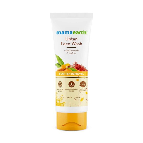 Mamaearth Ubtan De Tan Face Wash | Helps Reduce Tanning and Sun Damage | Gently Cleanses Dirt and Excess Oil | Enriched with Turmeric and Saffron | 3.38 Fl Oz (100ml)