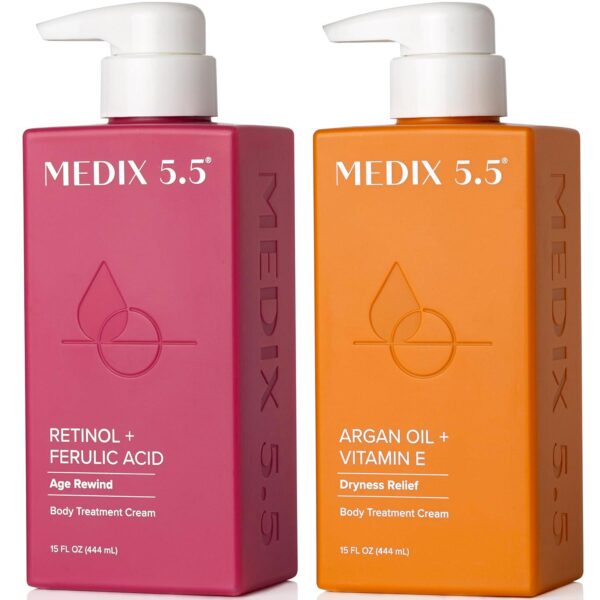 Medix 5.5 Retinol Body Lotion + Argan Oil Cream 2PC Skin Care Set Body and Face Moisturizer | Firming Body Lotion Bundle Reduces Look Of Wrinkles, Cellulite, Crepey Skin, and Uneven Skin Tone, 2PC