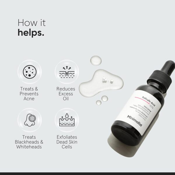 Minimalist 2% Salicylic Acid Serum For Acne, Blackhead and Open Pores | Reduces Excess Oil and Bumpy Texture | BHA Liquid Exfoliant for Acne Prone and Oily Skin | For Women and Men | 1 Fl Oz/30ml - Image 3