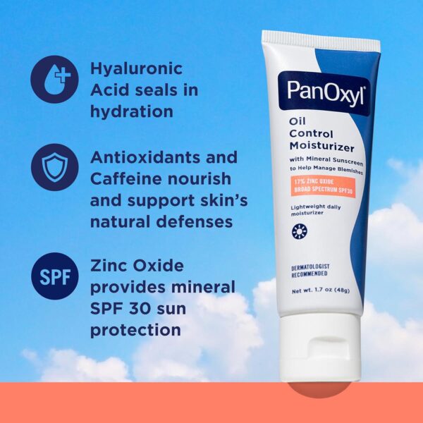PanOxyl AM Oil Control Moisturizer, NEW Sheer Formula, Absorbs Excess Oil and Reduces Shine, with Mineral Sunscreen for Acne Prone and Oily And All Skin Tones - 1.7 oz - Image 3