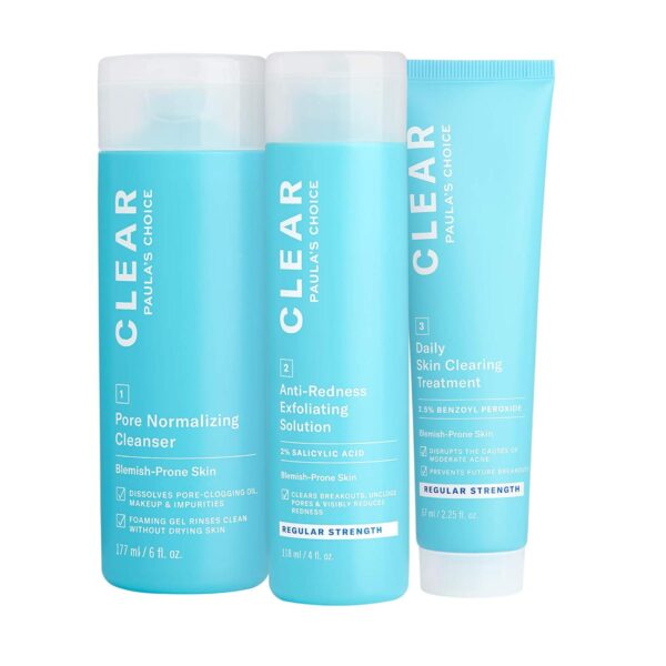 Paula's Choice CLEAR 3-Piece Acne Kit, Includes Daily Cleanser, 2% Salicylic Acid Exfoliant and Benzoyl Peroxide Treatment, Prevents and Treats Mild to Severe Acne and Breakouts, Fragrance-Free, Set of 3