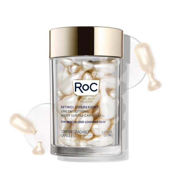 RoC Retinol Correxion Anti-Aging Wrinkle Night Serum, Daily Line Smoothing Skin Care, Fine Line and Post-Acne Scars Treatment, Stocking Stuffers for Men and Women, 30 Capsules, Unscented, 0.35 Fl Oz